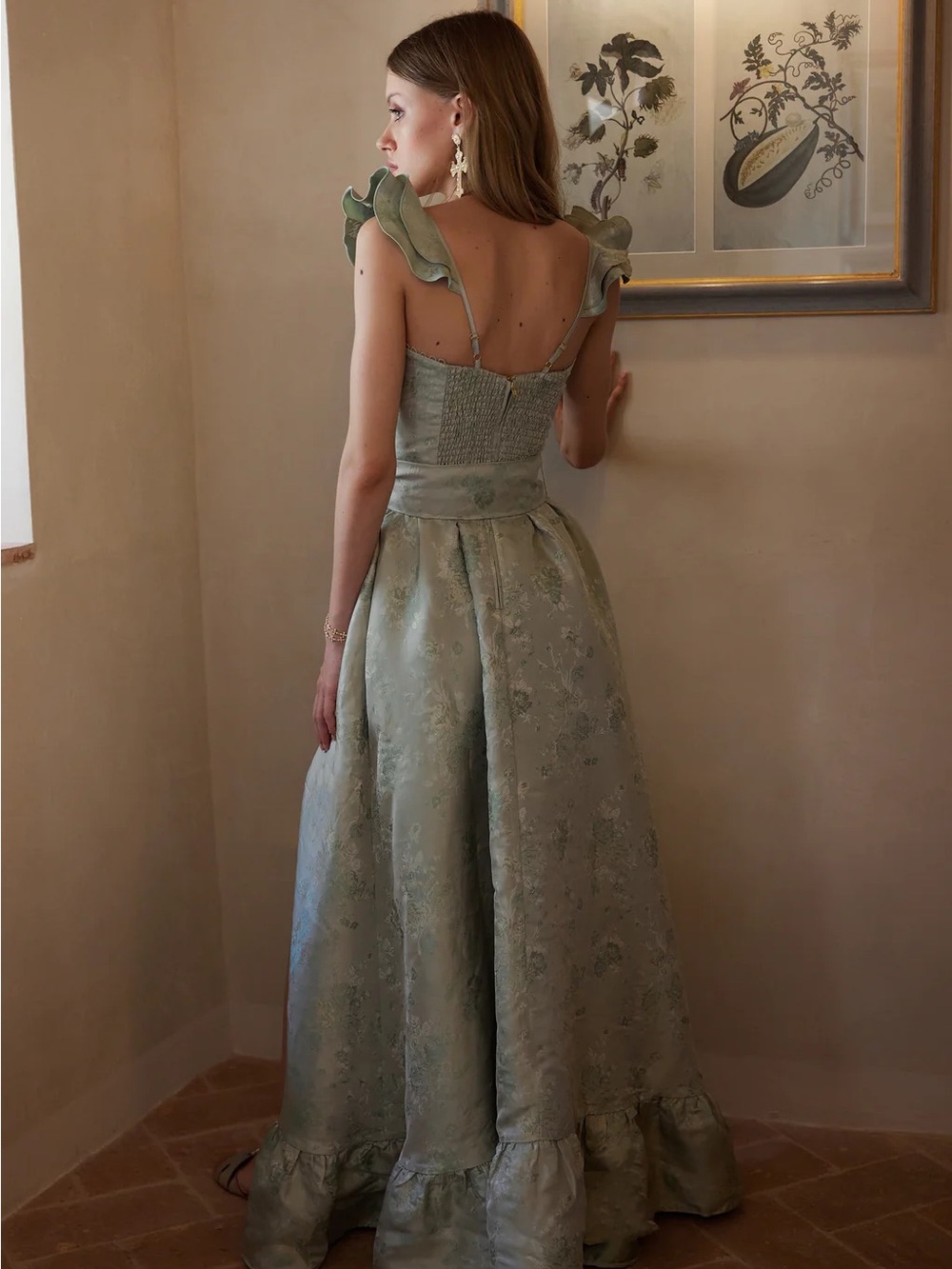 V. Chapman Veronica Sage Green Corset Ruffle Side-Slit Dress (Size 4) NWT - Picture 4 of 8